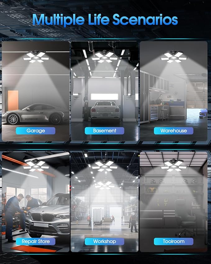 Motion Sensor Garage Light, 200W 20000LM 6500K LED Shop Lights, Garage Lights Ceiling Led with 6+1 Deformable Panels, Screw in E26 Socket Bulb for Warehouse, Workshop, Basement, Barn Lighting