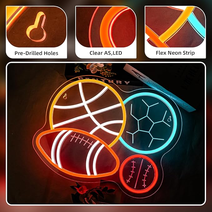 NOSUN 4 Ball Sport Combination Neon Sign for Boy's Bedroom Man Cave Football Soccer Basketball Baseball Neon Light Wall Decor Sports Themed LED Neon Signs Happy Era Home College Club Playroom Birthday Party Decor