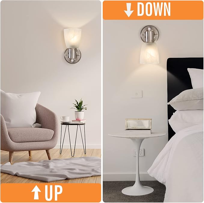 EJIAXIN Wall Sconces Set of 2, Brushed Nickel Vanity Lights for Bathroom, Modern Wall Light Fixtures with Rotary Switch, Wall Mount Light with Frosted Glass, Farmhouse Lamp for Bedroom Living Room
