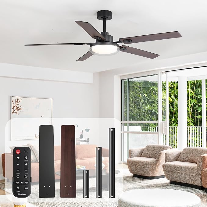 60 Inch Ceiling Fans with Lights and Remote, Bedroom Living Room Office Industrial, 5CCT Dimmable, Dual Color 5 Blades, 6 Speed Reversible Quiet DC Motor, Double-Layer Lampshade, Black/Wood Grain