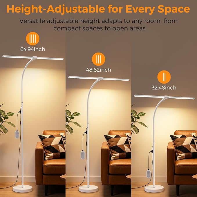 Dual-head LED Floor Lamp 20W 1400LM Adjustable Neck Bright Light White | Adjustable Brightness & Color Temperature, Modern Corner Tall Standing Lamp for Living Room Office Bedroom Reading