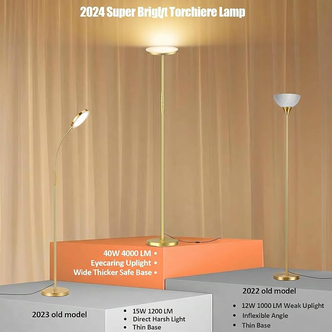 Floor Lamp, Upgraded 40W 4000LM Super Bright Torchiere LED Floor Lamps for Living Room, Stepless Dimmable Color Temperature 2700K-6500K with Remote & Touch Control, Standing Light (40W Brushed Gold)