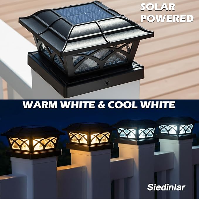 SIEDiNLAR Solar Post Cap Lights Outdoor Glass 2 Color Modes 8 LEDs for 4x4 5x5 6x6 Posts Deck Fence Patio Decoration Warm White & Cool White Lighting Black (6 Pack)