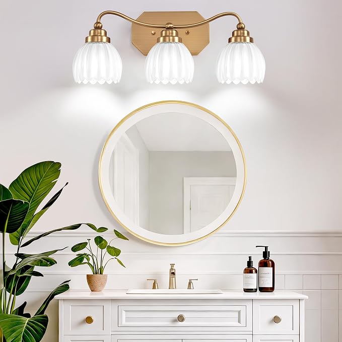 3 Light Gold Vintage Vanity Lights, Antique Brass Finish | Milk White Tulip Crystal Shades,Brushed Gold Bathroom Light Fixtures, Wall Sconce Ideal for Bedroom, Hallway, Easy to Install