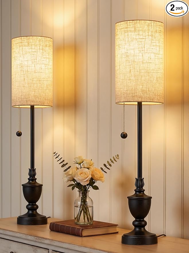 Buffet Table Lamps Set of 2 - 28" Tall Skinny Black Resin Table Lamp for Living Room - Traditional Rustic Candlestick Lamp with Pull Chain for Console Table,Dining Sideboard,Entryway,Hallway,Bedroom