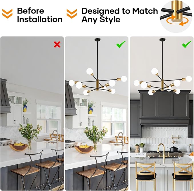 Sputnik Chandeliers Dining Room Light Fixture (8-Light, 30-Inch), Modern Brushed Gold and Black Chandelier, Height Adjustable Mid Century Modern Chandeliers for Dining Room (Bulbs Not Included)