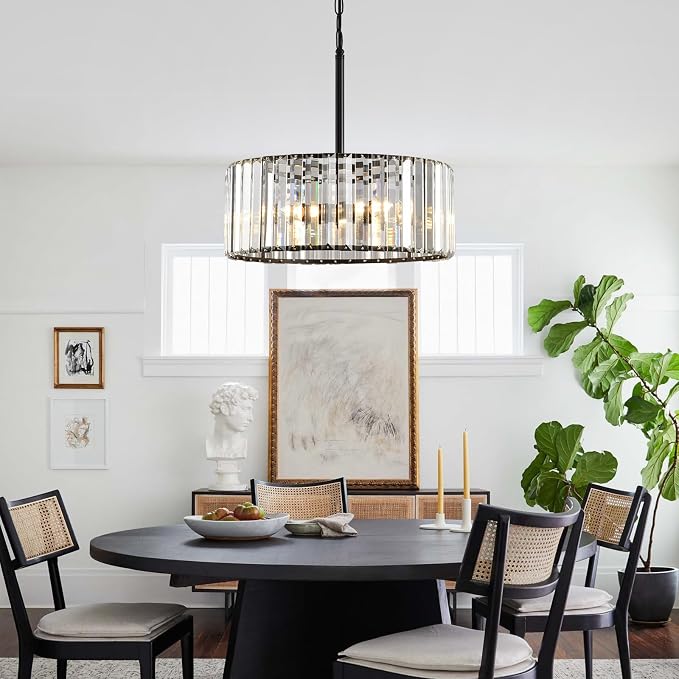 15" Modern Crystal Chandelier for Dining Room, No Assembly Required 4-Light Black Dining Room Light Fixture Over Table, Hanging Pendant Lights Fixture for Kitchen Island Living Room Foyer Entryway
