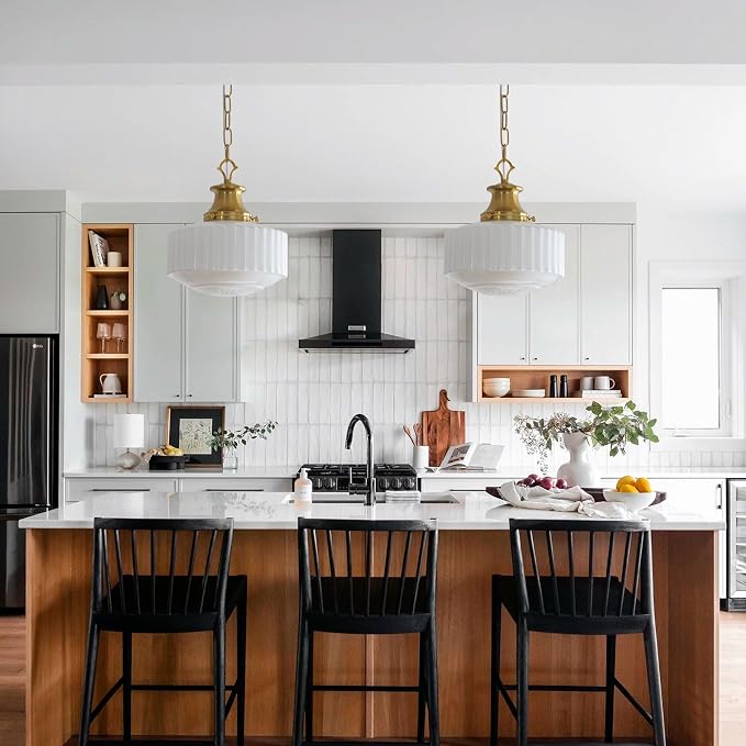 Milk Glass Pendant Light, 10.63" White Pleated Glass Chandelier, Vintage Brass Antique Pendant Lights, for Kitchen Island Lighting, Hallway, Bedroom, Dining Room, Foyer, E26 Bulb Included