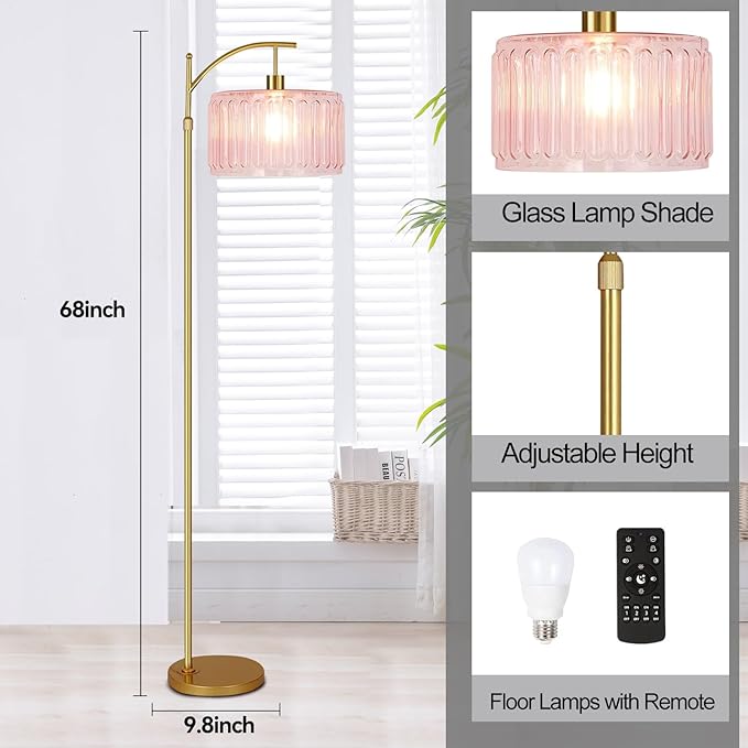 QIYIZM Pink Floor Lamp for Living Room,Bedroom,Gold Dimmable Standing Lamp with Remote,Mid Century Modern Brass Tall Lamp Boho Floor Lamps Arc Stained Glass Flower Floor Light Lamp Girls kids Bohemian