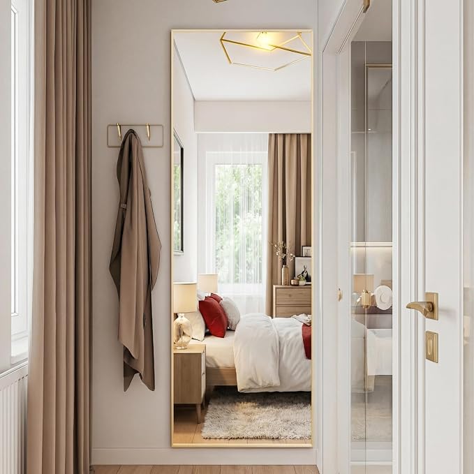 DUMOS Full Length Mirror 19"x 58" for Bedroom, Full Body Mirror with Stand, Hanging or Leaning for Wall, Aluminum Alloy Thin Frame Floor Standing for Living Room, Long, Gold