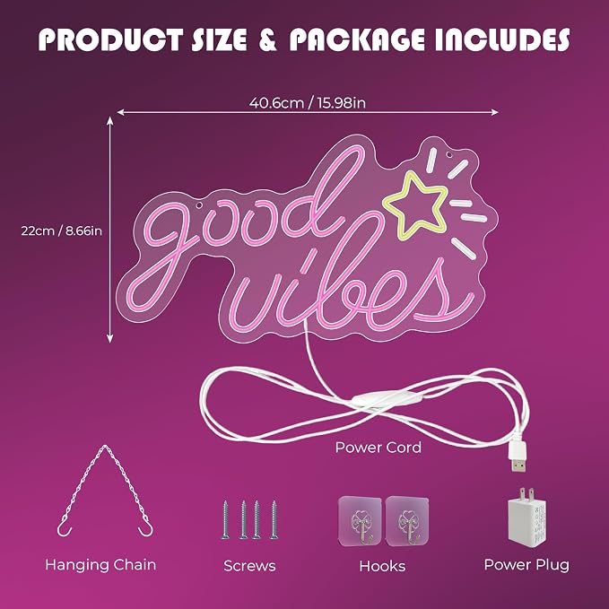 Good Vibes Neon Sign, 16 * 8.6 Inches Led Sign, Neon Signs for Wall Decor with Dimmable Switch, Powered by USB Light up Sign, Pink Neon Lights for Teen Girls Bedroom, Salon, Party