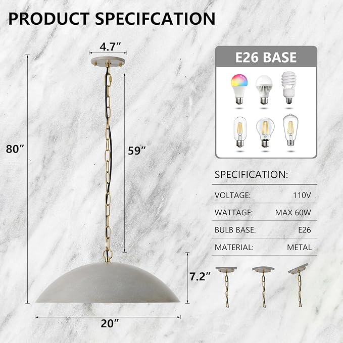 20" Modern Large Pendant Light, Cement Gray Farmhouse Pendant Lights Kitchen Island, Mid Century Modern Metal Pendant Lighting Fixture for Kitchen Living Room Dining Room Bedroom Café(2 Pack)