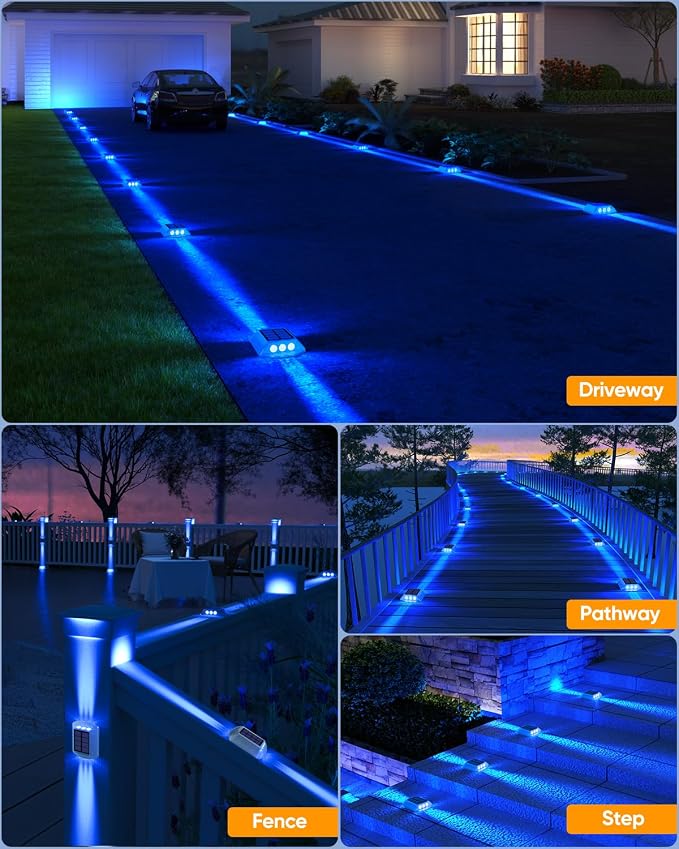 DetarZinLED Blue Solar Dock Lights for Outside IP68 Waterproof Led 4 Pack | Sturdy PC Shell, Stick on & Screw Mount, Markers Light for Outdoor Deck, Driveway, Step, Walkway, Path, Sidewalk, Patio, pool