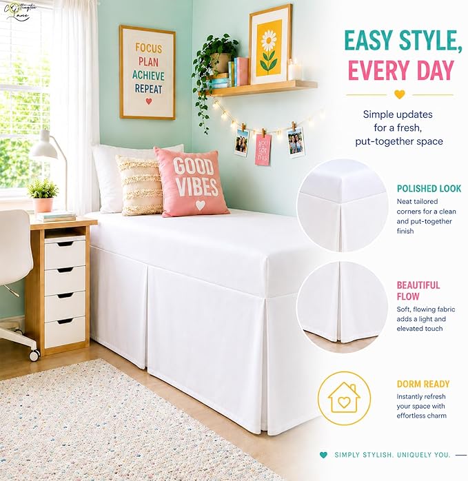 Cottington Lane Tailored Box Pleated College Dorm Bed Skirt Twin XL, Hotel Quality Premium Brushed Microfiber Extra Long Bedskirt Twin XL 25 Inch Drop, White Dorm Bedding