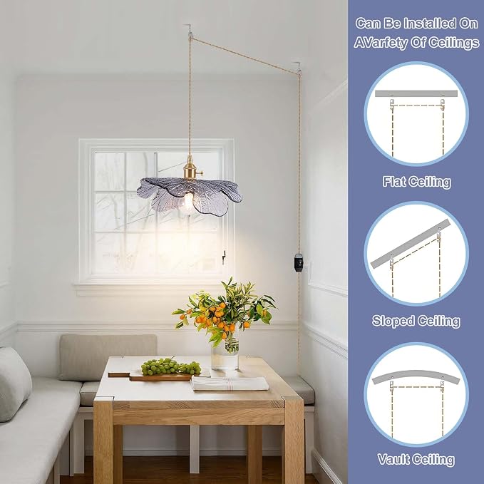 Plug in Pendant Light Fixtures,Hanging Light Fixture 12.9in Blue Glass Pendant Light,E26 Pendant Lighting for Kitchen Island, Bedroom, Dining Room, Living Room
