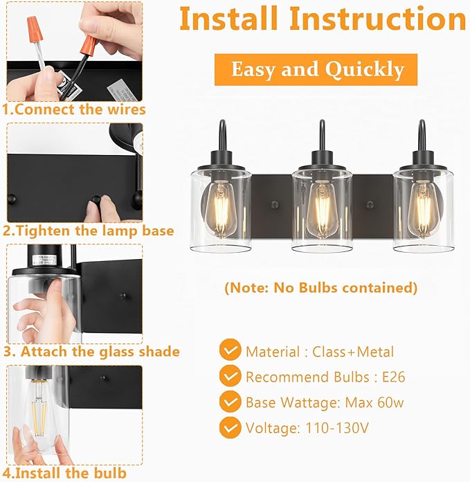 3-Light Bathroom Light Fixtures, Black Vanity Light Farmhouse Wall Sconces with Clear Glass Shade, Modern Bathroom Wall Lamp for Mirror Bedroom Hallway Living Room Cabinet