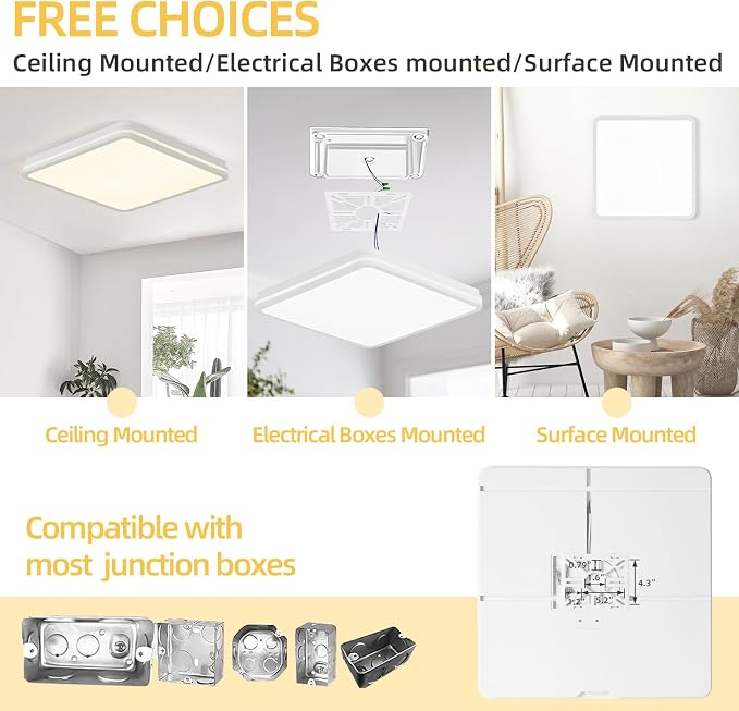 2PK 18 Inch LED Flush Mount Ceiling Light, White Ceiling Light Fixture with Side Light, 50W,4500LM, 2700K/4000K/6000K CCT Selectable, Square Lamp for Bathroom, Closet, Kitchen, Hallway, Bathroom