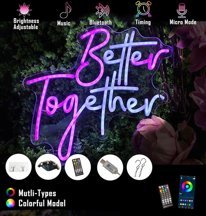 Ulalaza RGB & Color Flow Effect Better Together LED Neon Sign with Remote Control Music Sync Timer Setting LED Acrylic Light for Wall Party Décor Bedroom Bar Wedding Home Birthday USB Powered