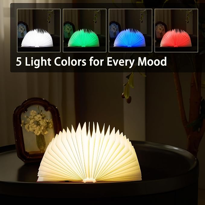 Uniwolk Book Lover Gift | Foldable Rechargeable Book Light, 5 Color Modes | Bookshelf Lantern Paper Lamp | Reading Nooks & Home Decor, Bookish Gifts for Readers & Women, Mini Library & Bookshelf Decor