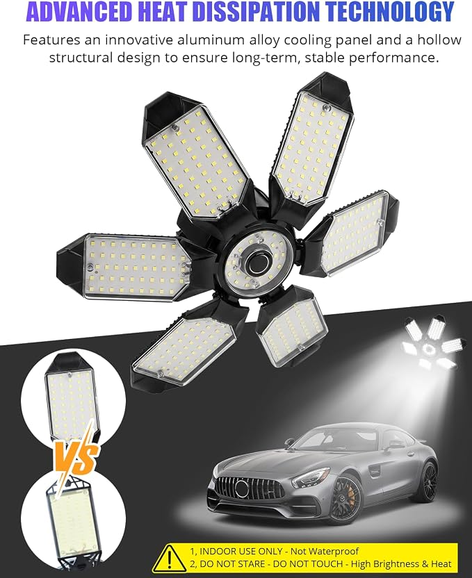 Tudoccy LED Garage Lights 2 Pack, 34000LM 6-Panel Shop Light | 6500K daylight E26/E27 screw-in bulb for workshop, basement, warehouse, attic ceiling fixture