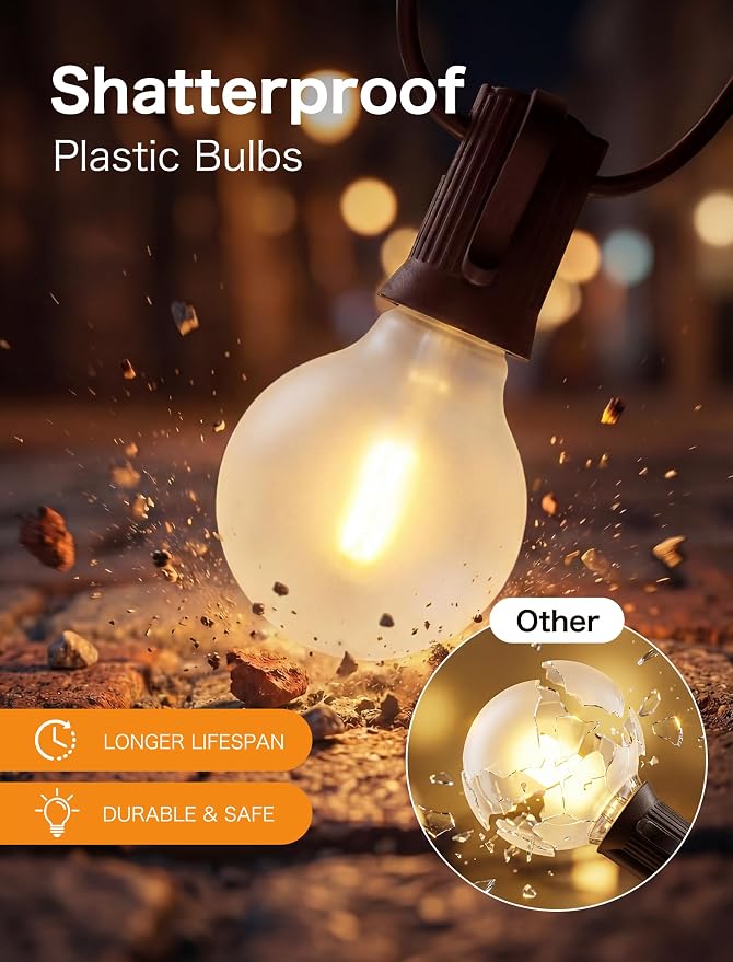 25FT Brown Outdoor String Lights, Shatterproof LED Globe String Lights with 25 G40 LED Frosted White Bulbs, Waterproof Connectable Hanging Light for Backyard Patio Porch Balcony Party Decor, E12 Base