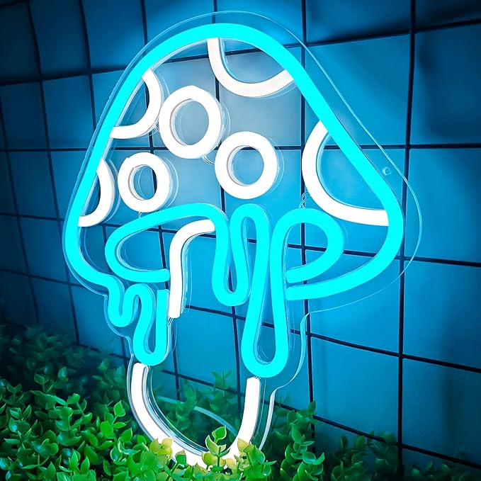 Ajoyferris Mushroom Neon Sign Dimmable Neon Light Sign Mushroom Night Light 3D Light Up Mushrooms Neon Signs for Wall Decor Game Room Bedroom Gift for Kids(Ice Blue)