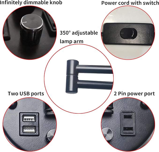 Wall Lamp Plug in with USB and 2 Pin Socket,Wall Mount Lights That Plug in Cord and Switch,Wall Mount Lights for Bedroom Reading Lamps,Nightstand(Bulbs Not Included)