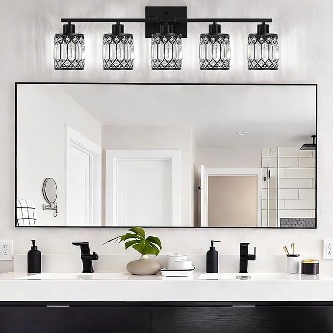 Crystal Modern Bathroom Light Fixtures, 5-Light Black Bathroom Vanity Wall Light, Vanity Lights for Mirror, Restroom, Bedroom (E26 Socket, Bulbs Not Included)