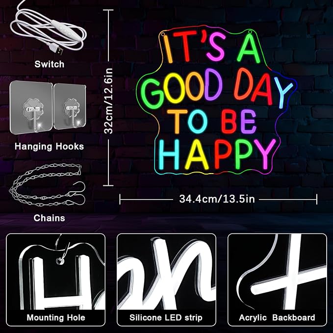 It's A Good Day To Be Happy Neon Sign for Wall Decor Art Neon Light Classroom Neon Sign Colorful Letter LED Sign for Classroom Libray Wedding Birthday Gallery Studio