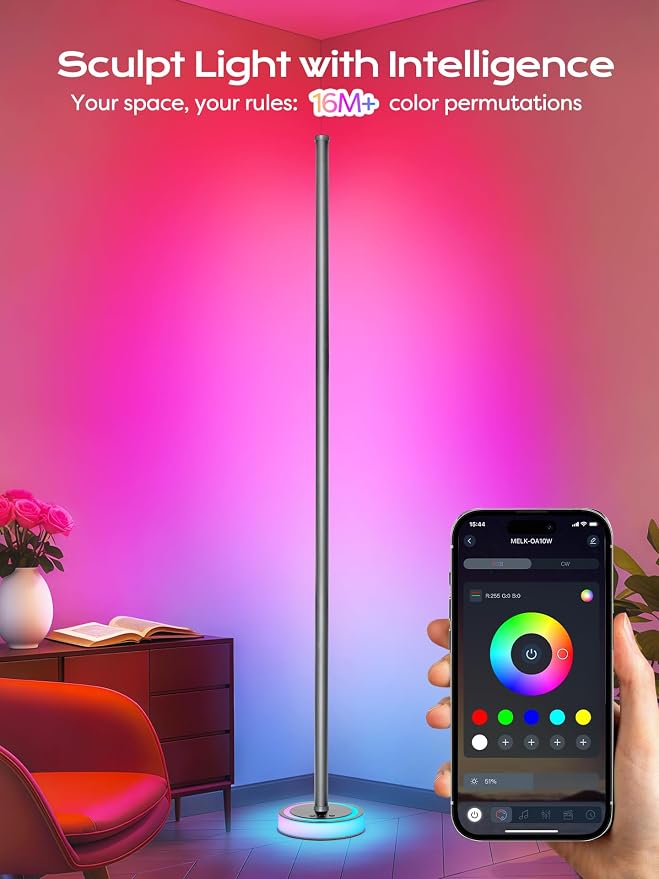 Smart Corner Floor Lamp, RGBICW LED Standing Lamp with App Control, 16 Million Colors with Music Sync, Dimmable Ambient Light for Bedroom, Living Room, Home Decor (Gray)
