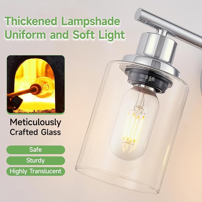 3-Light Bathroom Light Fixtures, Modern Chrome Vanity Lights for Bathroom with Clear Glass Shade, Wall Lamps for Mirror Hallway Kitchen Cabinet Living Room Sconces Lights
