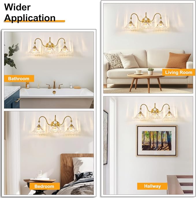Modern Bathroom Vanity Light Fixtures 3 Lights Brushed Gold Vanity Lights for Bathroom with Floral Crystal Glass Shade Modern Wall Lighting Fixtures Over Mirror(Exclude E26 Bulb)