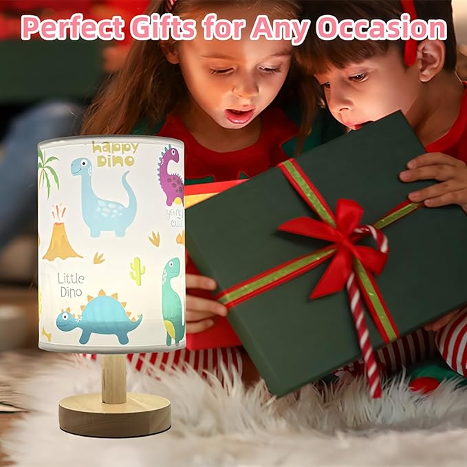 Dinosaur Kids Table Lamp for Bedroom Kids Bedside Lamp 3 Colors Dimmable Nightstand Night Light with Cartoon Flaxen Fabric Shade Desk Reading Lamp for Girls Boys Room Nursery Decor,Dino Gifts for Boys