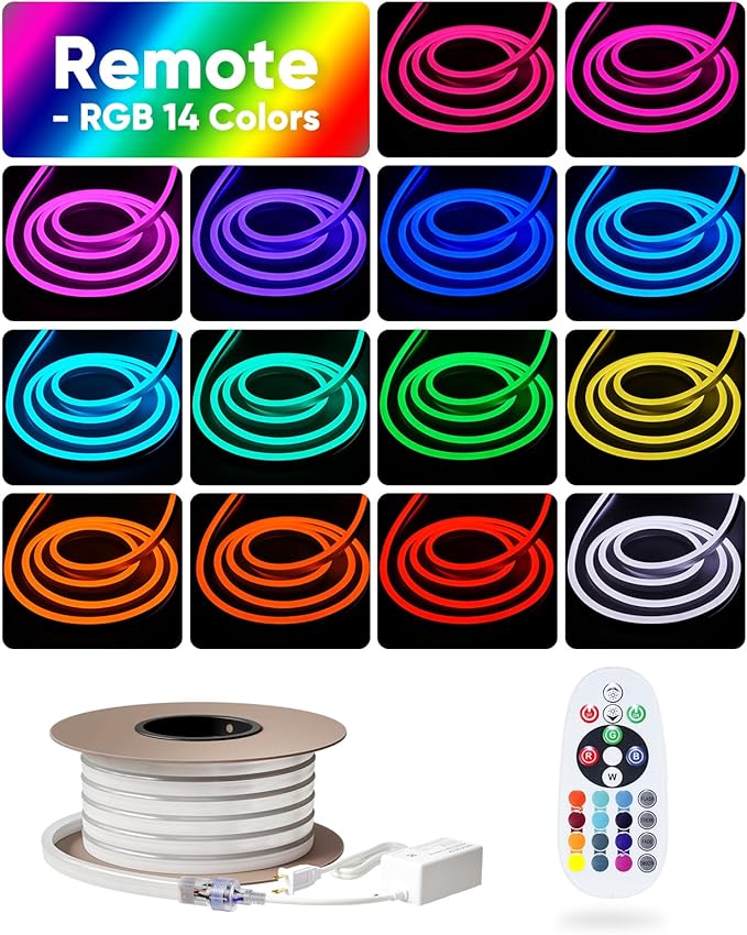 LED RGB Neon Rope Lights AC 120V, Expandable & Cuttable Bright Strip Lighting with Remote, Dimmable Color Changing, ETL Cold-Resistant & IP65 Waterproof for in&Outdoor, 10x20mm, 65.6FT