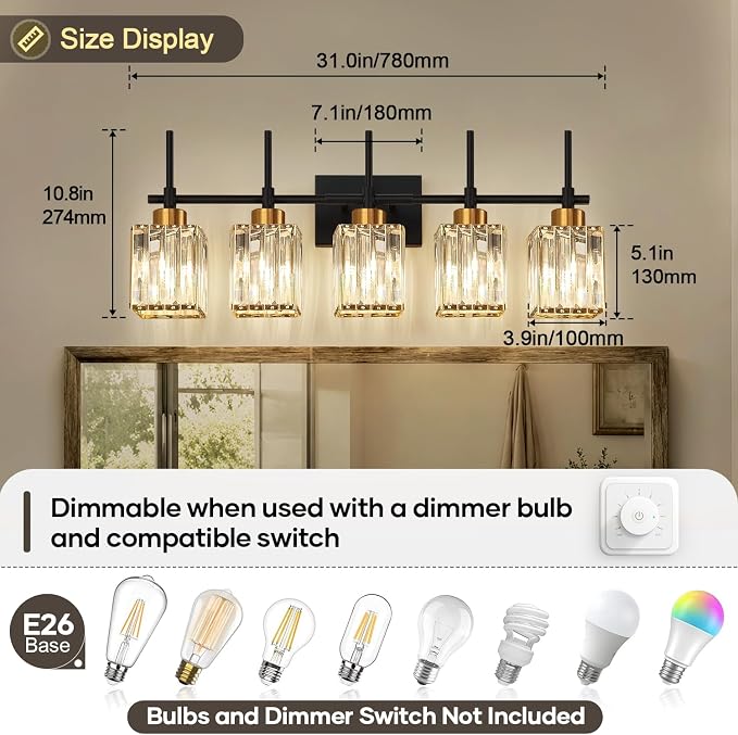 Torondo Modern Crystal Bathroom Vanity Light 5-Lights Gold Bathroom Light Fixtures Over Mirror Black and Gold Vanity Lighting Fixtures Gold Square Shade Brass Wall Sconce (Bulbs Not Include)