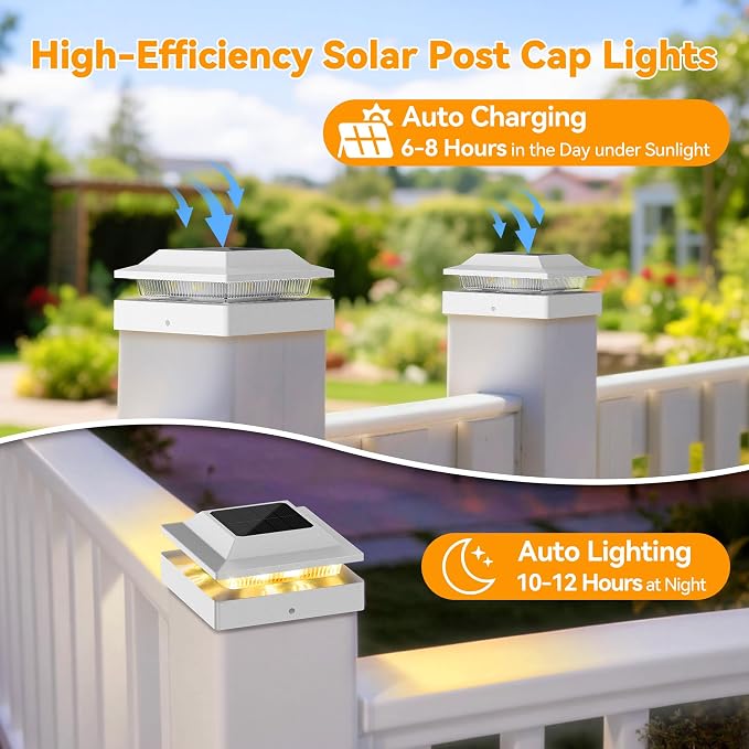 Solar Post Cap Lights for 4x4 Wood/Vinyl Posts, 16 Pack | IP65 Waterproof Fence Post Solar Lights, Outdoor Post Lights with 2 Color Modes Decorate Garden Patio Porch Backyard, White
