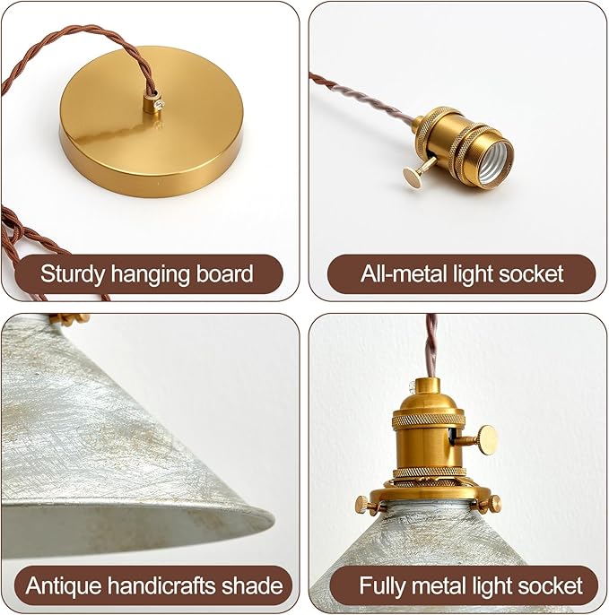 Kitchen Island Pendant Lights 8.2 Inch Industrial Silver Lampshade Farmhouse Pendant Lights Kitchen Island 6.5Ft Adjustable Hanging Kitchen Lights for Living Room and Dininig Room