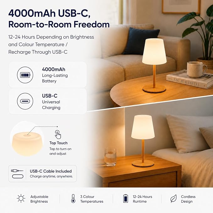 Rechargeable Table Lamp, Cordless Shower Lamp for Bathroom, IP65 Wood Grain | Bathroom To Bedside Glow, Touch-Dim Comfort, 4000mAh USB-C Ease, 12-24H Light, 3 Light Moods, 2-Height Fit