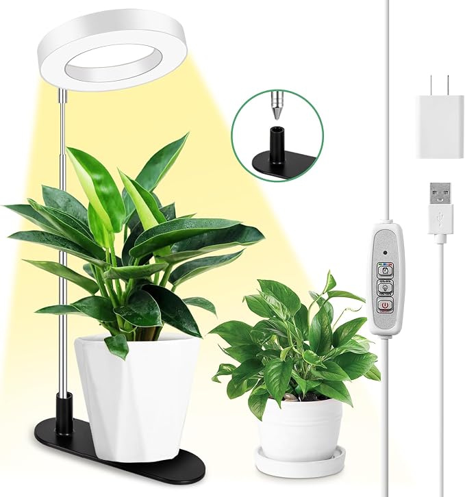 LORDEM Plant Grow Light, Full Spectrum Halo Desk Light, Height Adjustable 7.8"-26", LED Growing Lamp, Automatic Timer 4H/8H/12H, 4 Level Dimmable, Ideal for Indoor Plants, White, 1 Pack