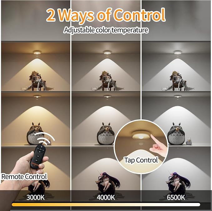 Puck Lights with Remote Control,Under Cabinet Lighting,Silver,5PCS | 2200mAh Rechargeable Push Light,3 Color Temperatures Dimmable Under Cabinet,Closet Light,Tap Light for Shelf,Bookcase