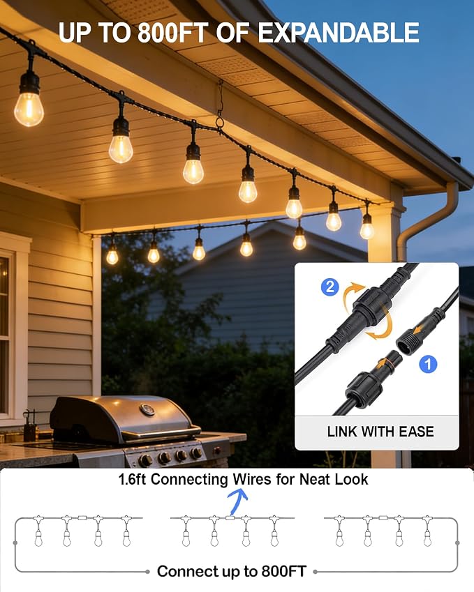 Gmnee 100FT Outdoor String Lights for Patio, Balcony & Porch – 64 LED Edison Bulbs (1.6FT Spacing), Dimmable Heavy-Duty Patio Lights for Backyard, Gazebo, Bistro, Party and Garden Decor (Plug in)