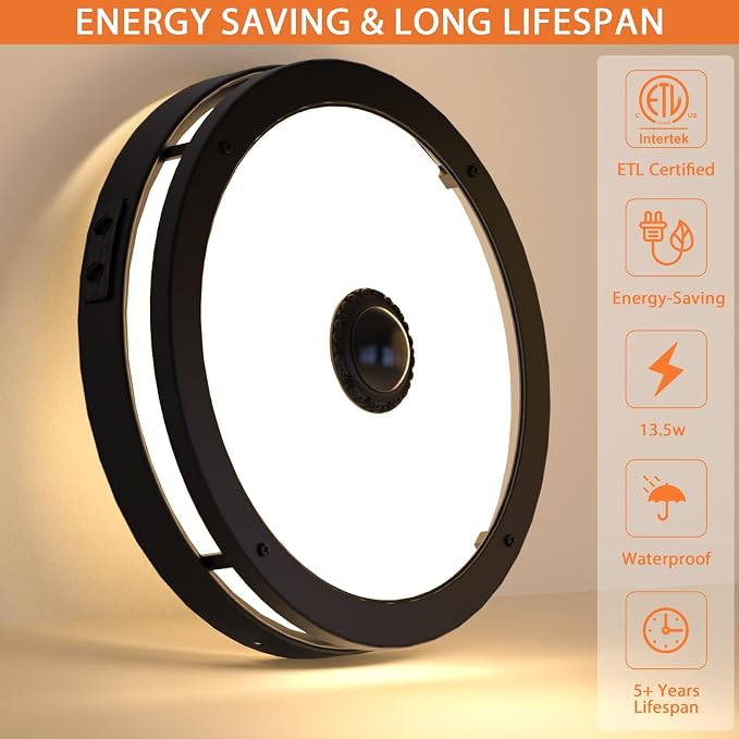 Outdoor Motion Sensor Flush Mount Ceiling Light, 12" Dusk to Dawn Porch Modern Black Exterior Light, Ceiling Light Fixture 1 Pack for Patio, Garage, Entry