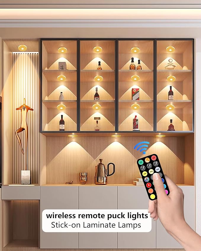 LED Puck Lights with Remote, 2000mAH Battery Operated, Rechargeable Shelf Light, Wireless,Color Changing Magnetic Light, Display Curio Cabinet,Bookcase,Under Cabinet Lighting (Gold, 3PACK)