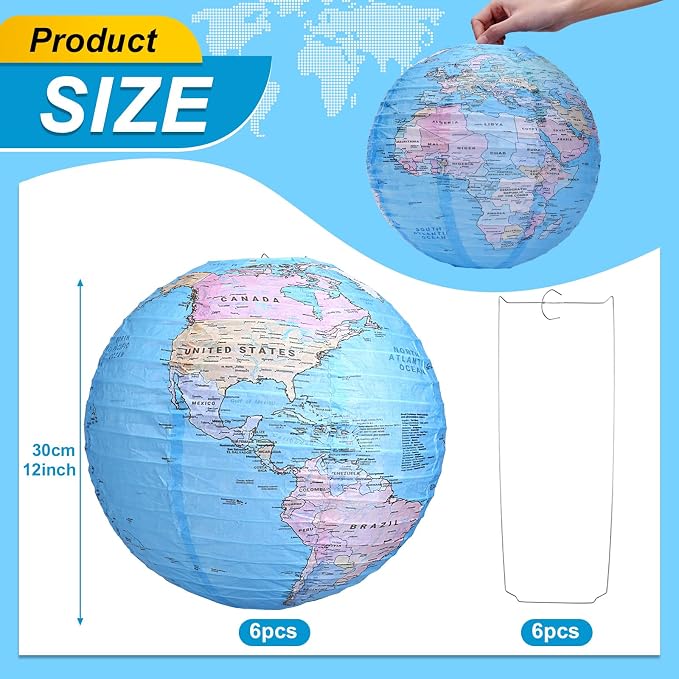 Globe Hanging Paper Lanterns, Around The World Earth Day Decorations, Travel Themed Paper Lanterns for Classroom Decorations Travel Party Decorations (12 inch, 6pcs)