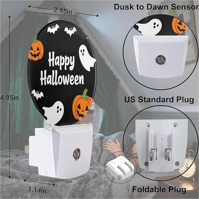 Mugod Happy Halloween Plug-in Nightlights Pumpkins Ghosts and Bats Night Light Plug into Wall with Dusk-to-Dawn Sensor LED Lighting 0.5W Sleep-Friendly