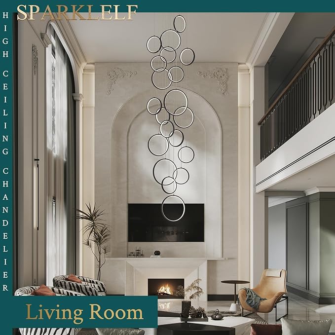 20 Rings Modern LED Chandelier for High Ceiling Dimmable Black Contemporary Foyer Long Chandelier for Entryway, Long Pendant Light Fixture Staircase Dining Living Room, 3000-6500K