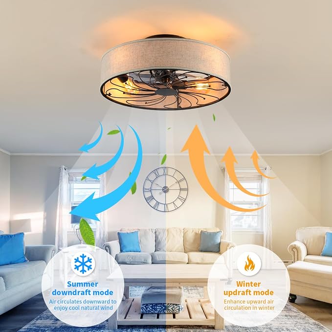 Boho Ceiling Fan with Jute Fabric Shades and Remote Control, Small Caged Bladeless Low Profile Ceiling Fan with Light, 20 Inch Modern Flush Mount Light Kit for Bedroom Kitchen Living Room