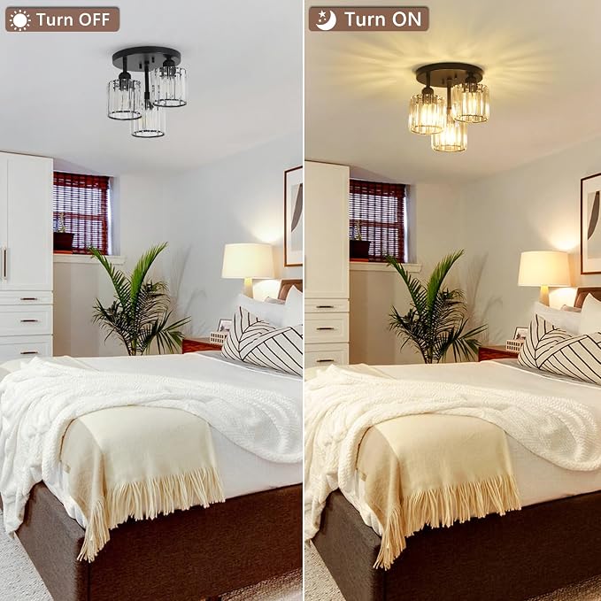 PAUFUL Crystal Semi Flush Mount Ceiling Light,3-Light Modern Close to Ceiling Light Fixtures,Black Kitchen Light Fixtures with Clear Crystal Shade,Hallway Light Fixtures for Hallway Bedroom Bathroom