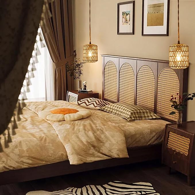 Plug in Pendant Light with 6W LED Bulb Warm Light(3000K) Dimmable Switch Cute Rattan Hanging Lamp Cord 15ft Hand Woven Plug in Chandelier Boho Hanging Lights Fixture for Bedroom Kitchen