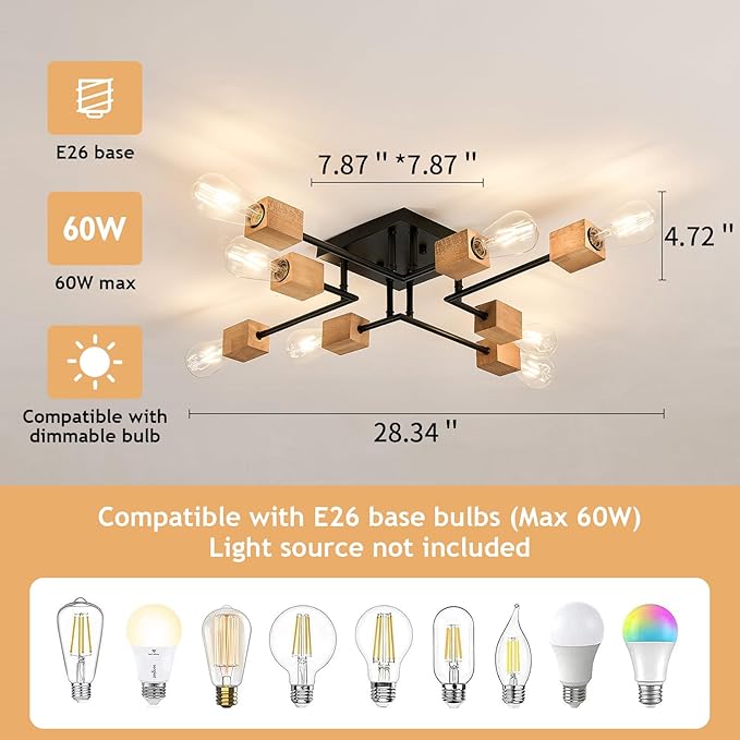 8-Light Modern Black and Wood Sputnik Chandelier Retro Matte Ceiling Light Fixture Boho Ceiling lamp for Kitchen Dining Room Living Room Bedroom Farmhouse